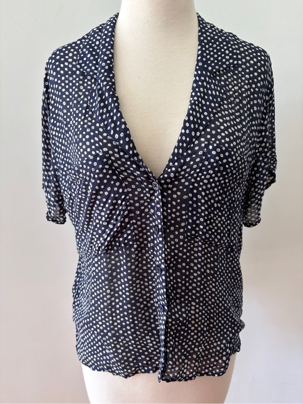 Navy and White Polka Dot Button-Front Blouse